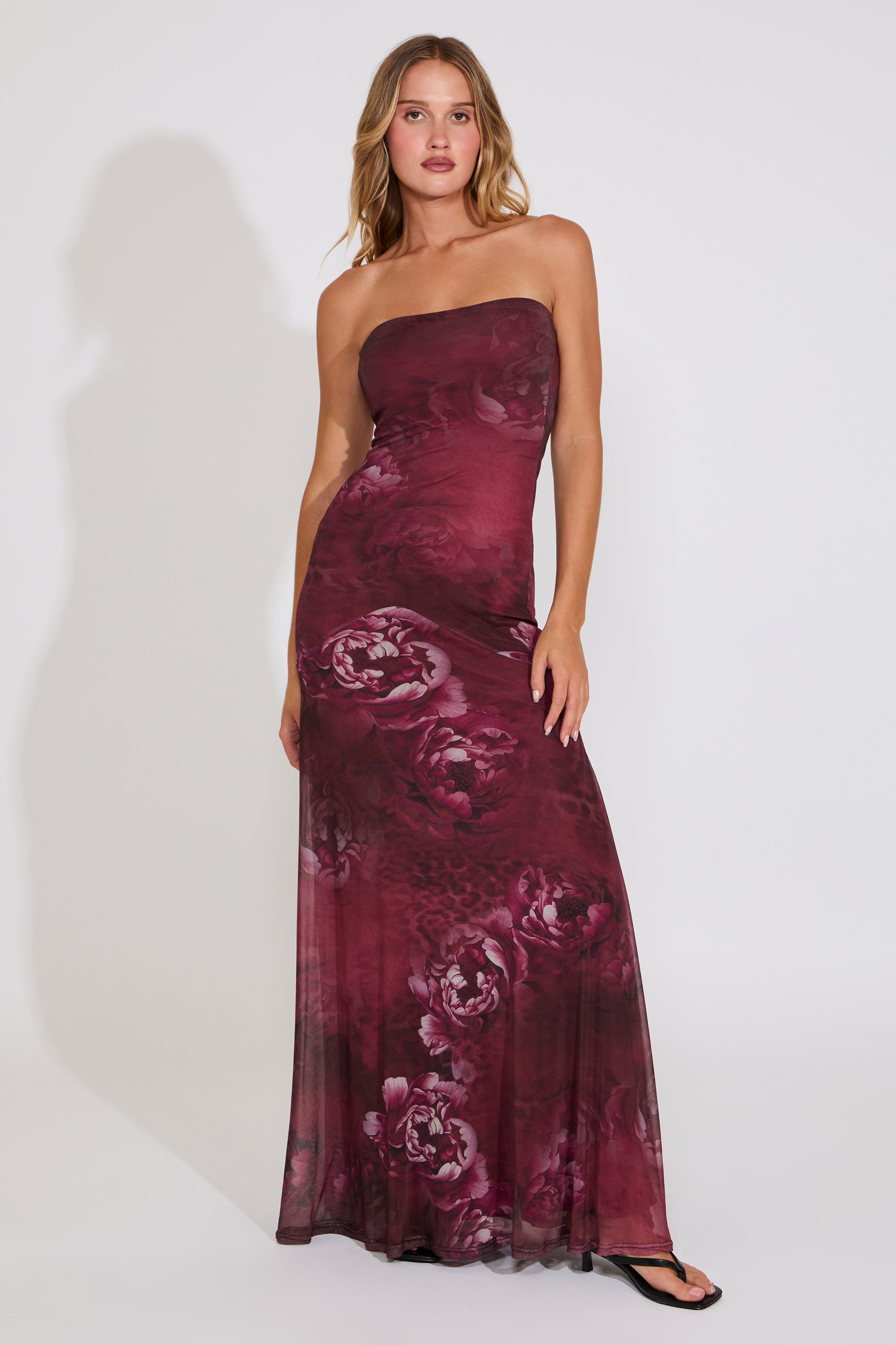 STRAPLESS FLORAL PRINT DROP WAIST MAXI DRESS