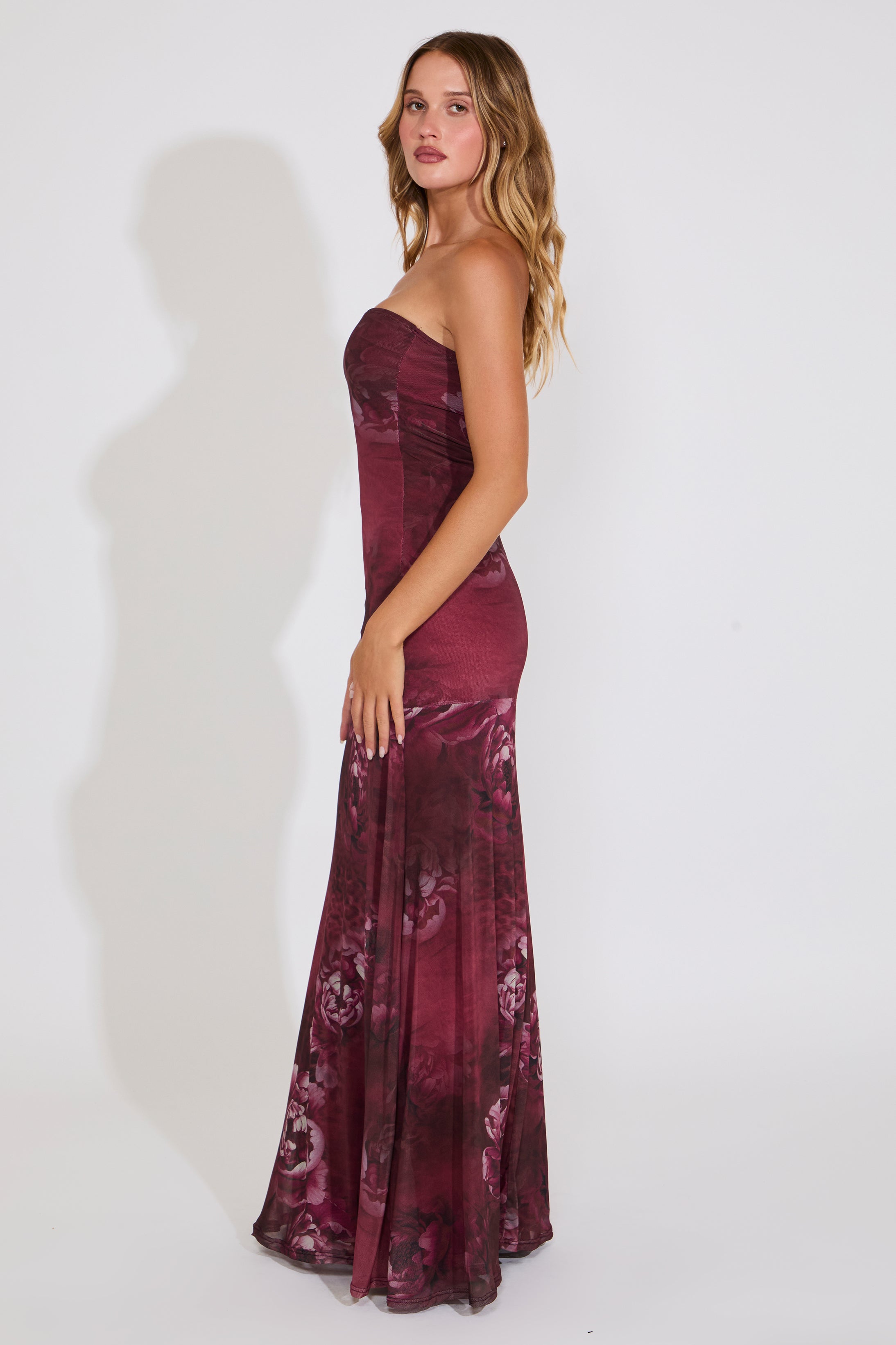 STRAPLESS FLORAL PRINT DROP WAIST MAXI DRESS