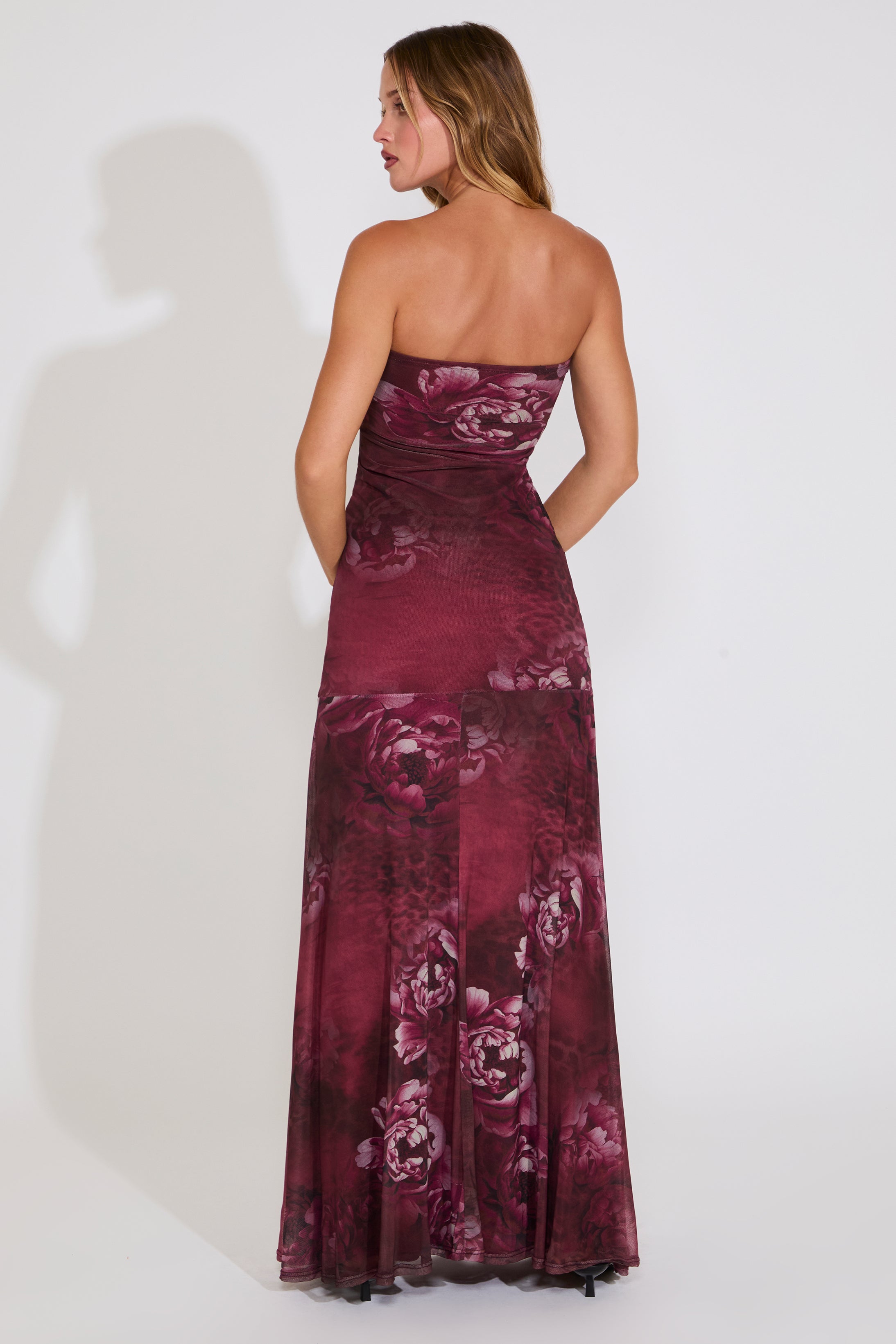 STRAPLESS FLORAL PRINT DROP WAIST MAXI DRESS