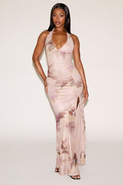 FLORAL PRINT TIE NECK MAXI DRESS WITH SIDE SLIT