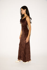 FLOCKED LEOPARD PRINT DEEP COWL NECK MAXI DRESS