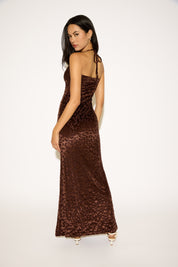 FLOCKED LEOPARD PRINT DEEP COWL NECK MAXI DRESS