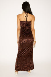 FLOCKED LEOPARD PRINT DEEP COWL NECK MAXI DRESS