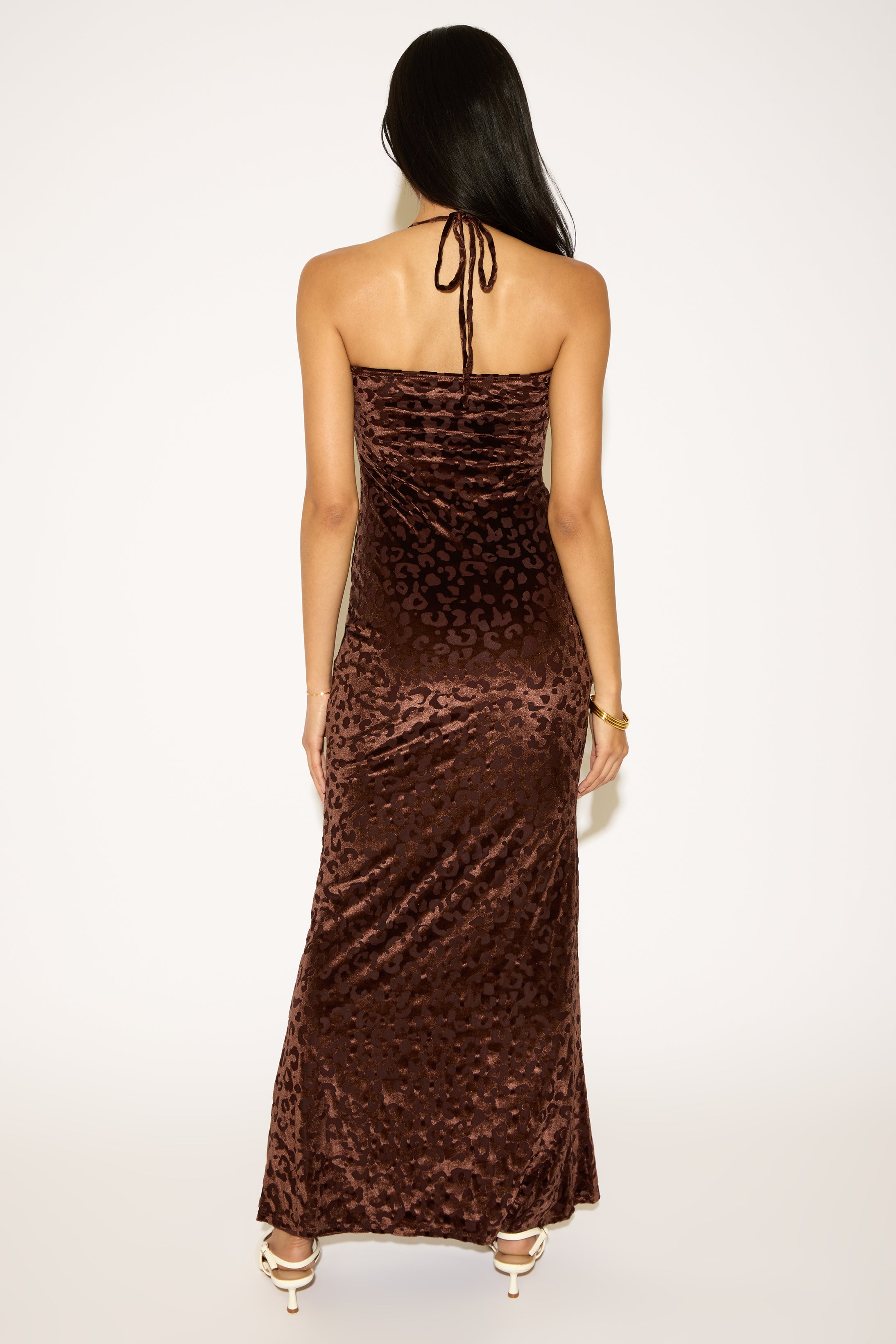 FLOCKED LEOPARD PRINT DEEP COWL NECK MAXI DRESS