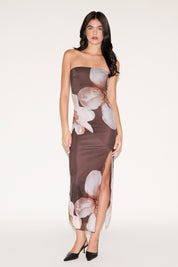 STRAPLESS LARGE FLORAL PRINT MIDI DRESS WITH SLIT