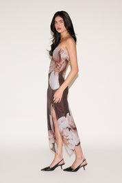 STRAPLESS LARGE FLORAL PRINT MIDI DRESS WITH SLIT