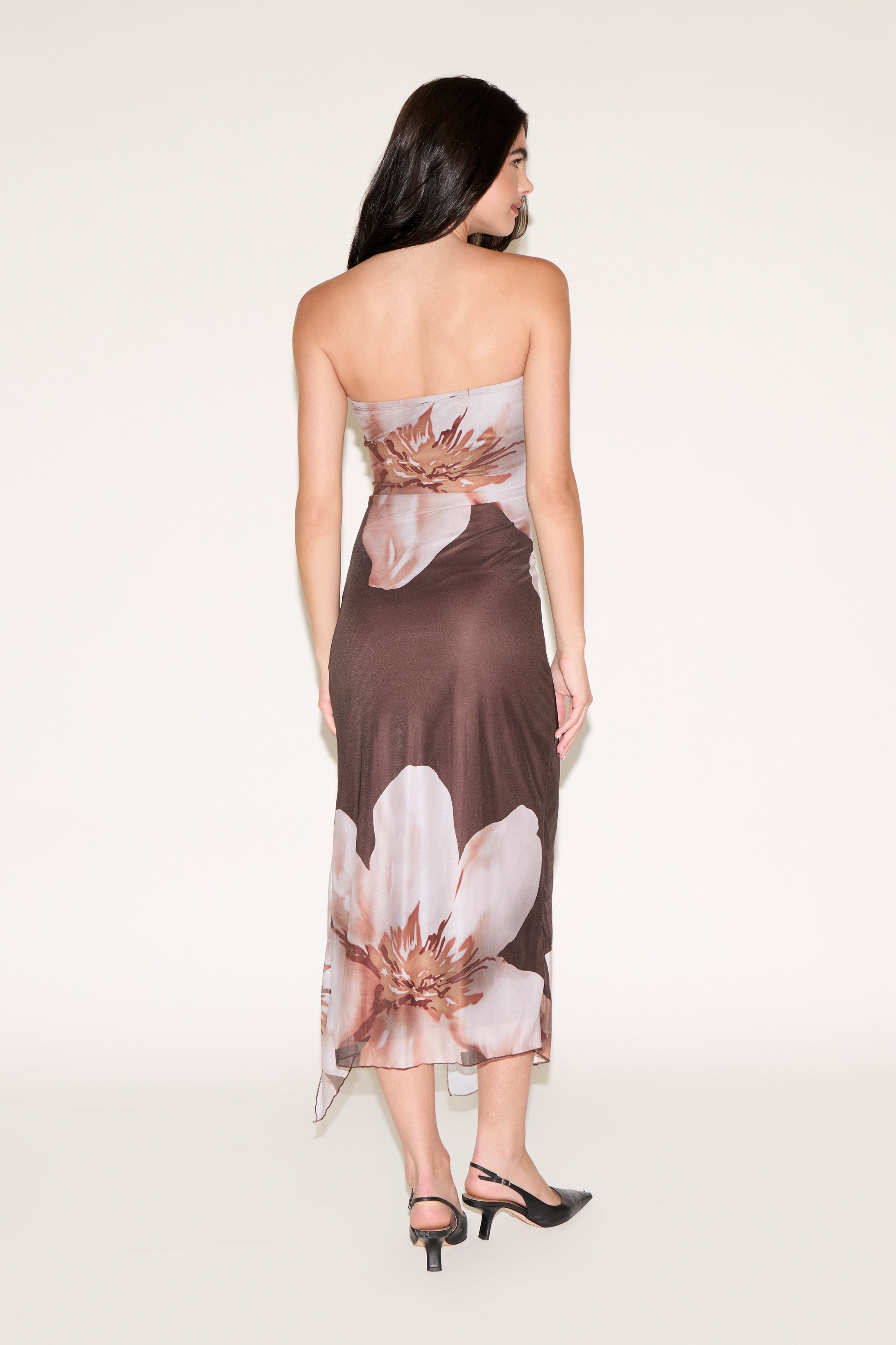 STRAPLESS LARGE FLORAL PRINT MIDI DRESS WITH SLIT