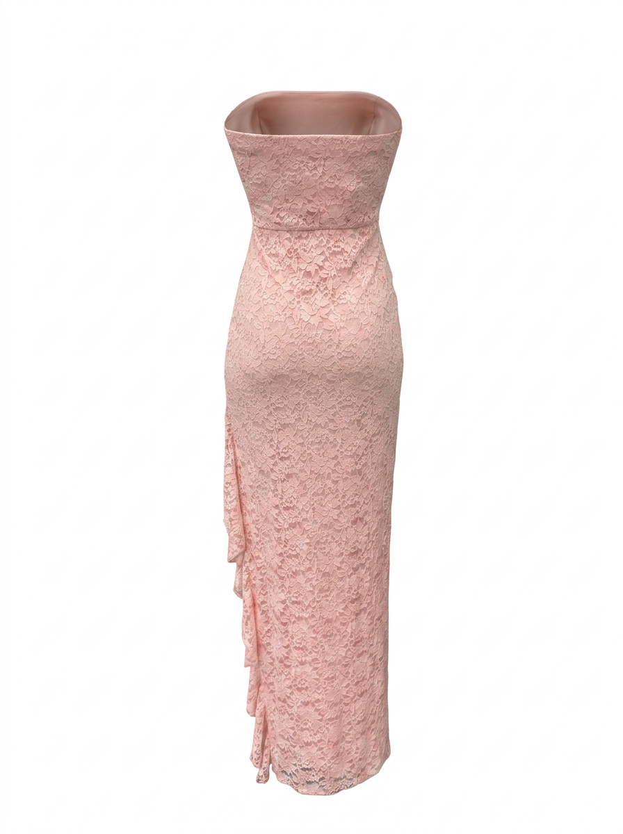 Ghost cut image of a pink STRAPLESS LACE SIDE SLIT WITH RUFFLES MAXI DRESS on a white background.