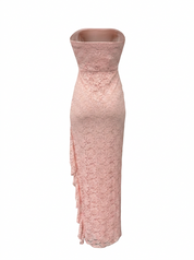 Ghost cut image of a pink STRAPLESS LACE SIDE SLIT WITH RUFFLES MAXI DRESS on a white background.