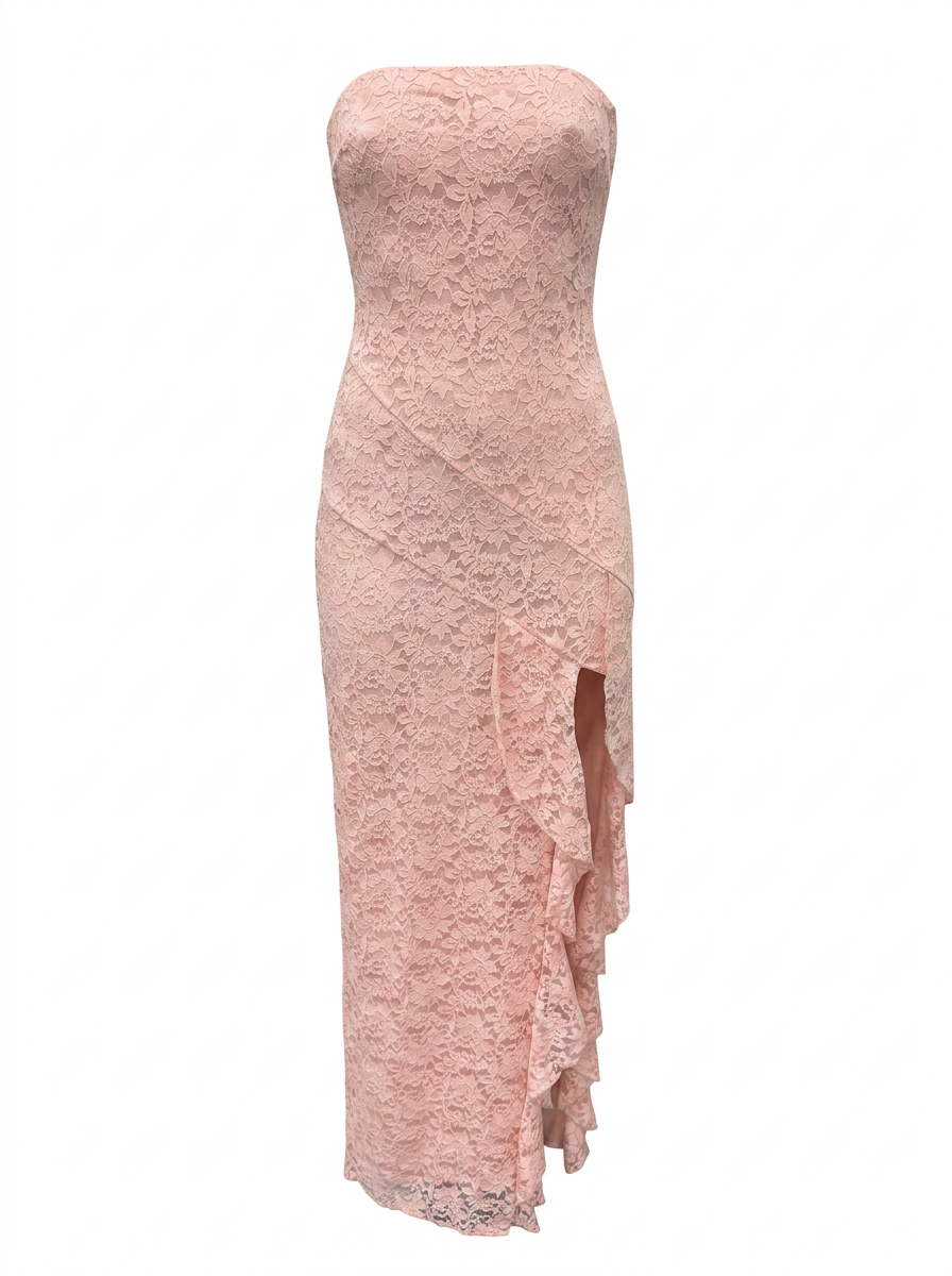 Ghost cut image of a pink STRAPLESS LACE SIDE SLIT WITH RUFFLES MAXI DRESS on a white background.