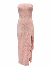 Ghost cut image of a pink STRAPLESS LACE SIDE SLIT WITH RUFFLES MAXI DRESS on a white background.
