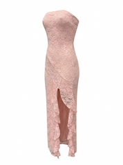 Ghost cut image of a pink STRAPLESS LACE SIDE SLIT WITH RUFFLES MAXI DRESS on a white background.