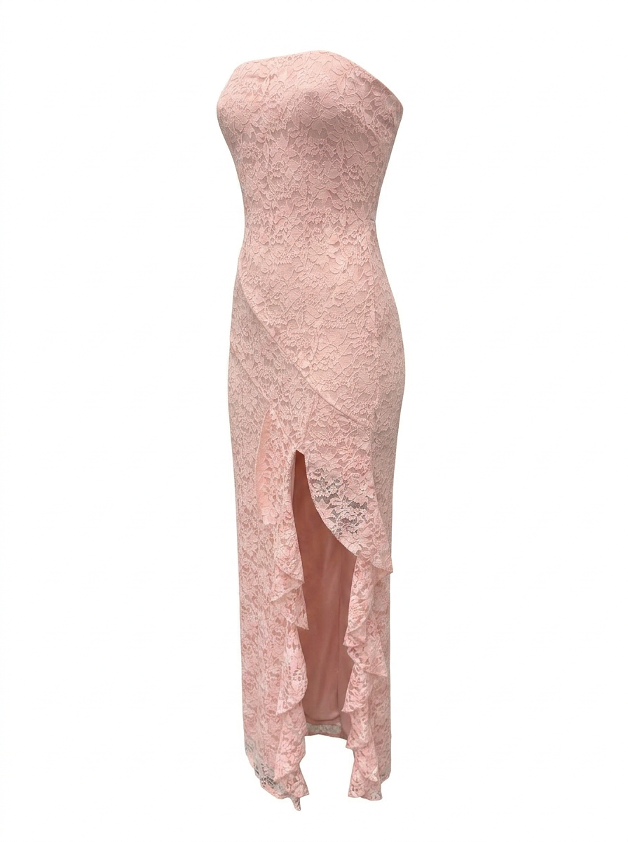 Ghost cut image of a pink STRAPLESS LACE SIDE SLIT WITH RUFFLES MAXI DRESS on a white background.