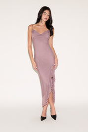 SWEETHEART NECK MESH RUFFLE SLIT MAXI DRESS