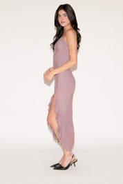 SWEETHEART NECK MESH RUFFLE SLIT MAXI DRESS