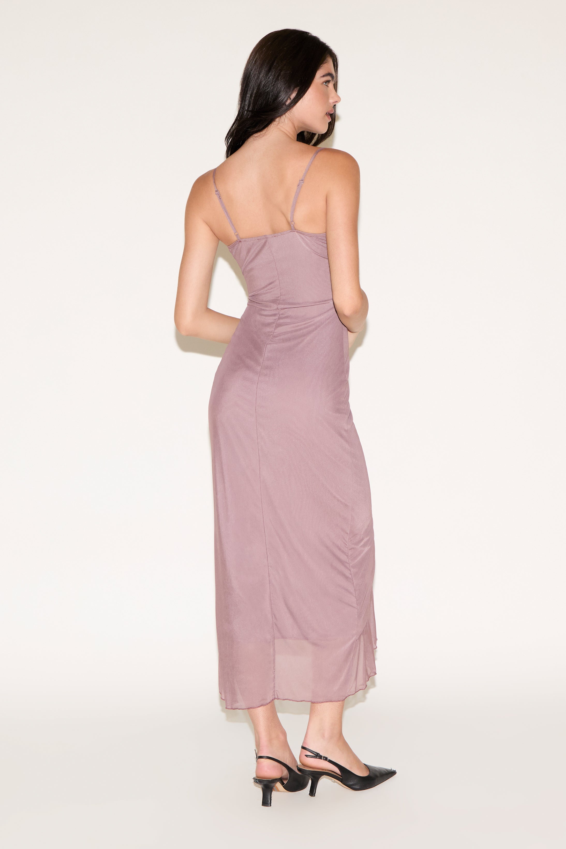 SWEETHEART NECK MESH RUFFLE SLIT MAXI DRESS