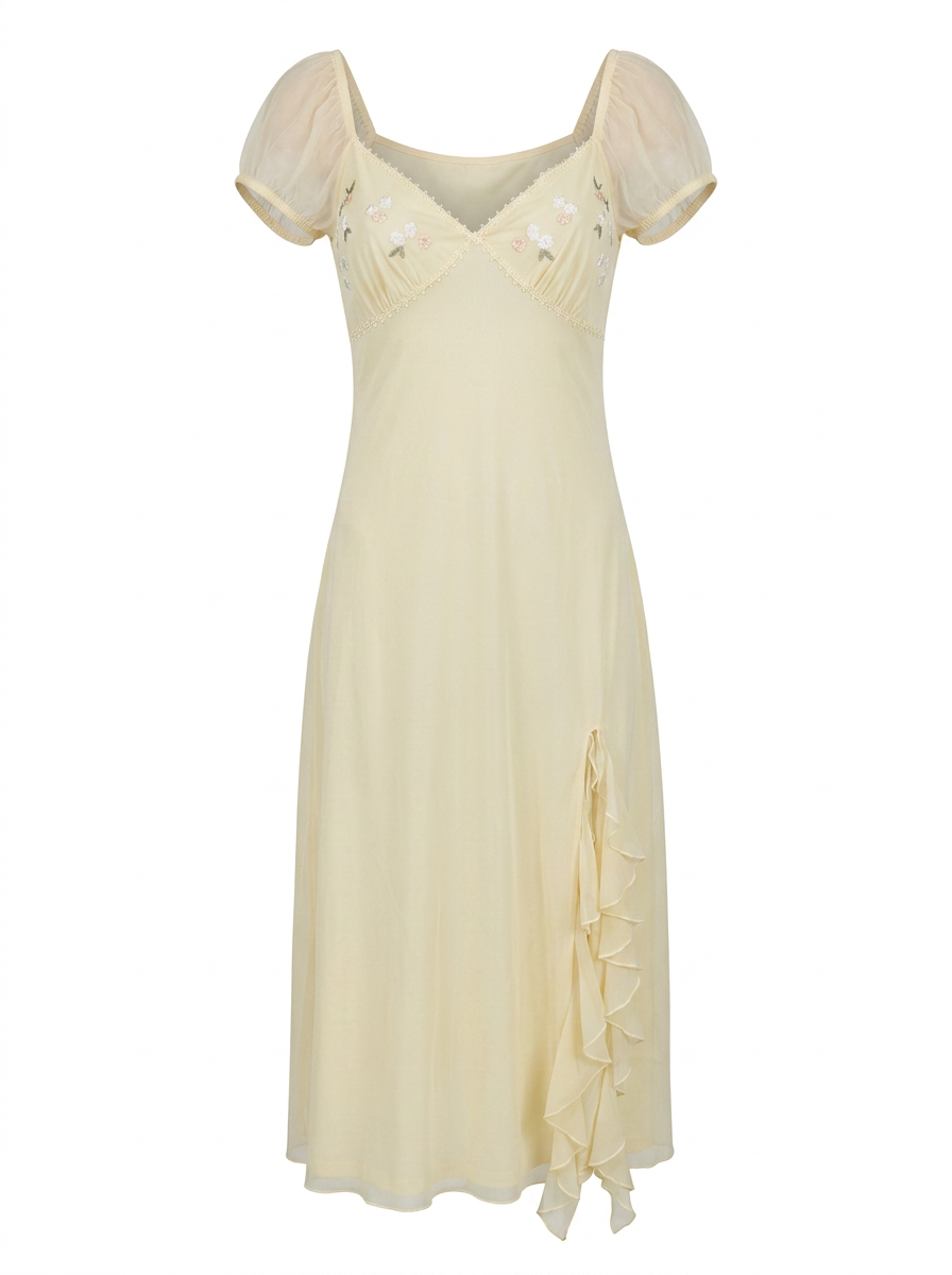 Ghost cut image of EMBELLISHED CAP SLEEVE RUFFLE MAXI DRESS on a white background.
