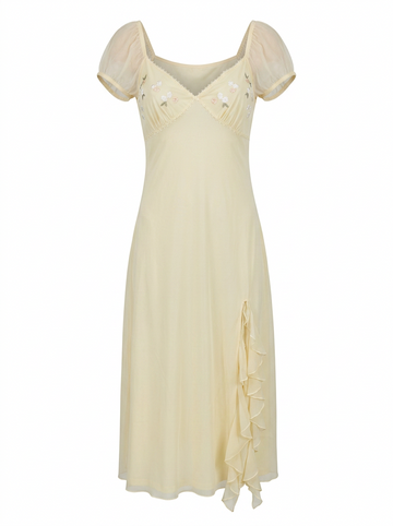 Ghost cut image of EMBELLISHED CAP SLEEVE RUFFLE MAXI DRESS on a white background.