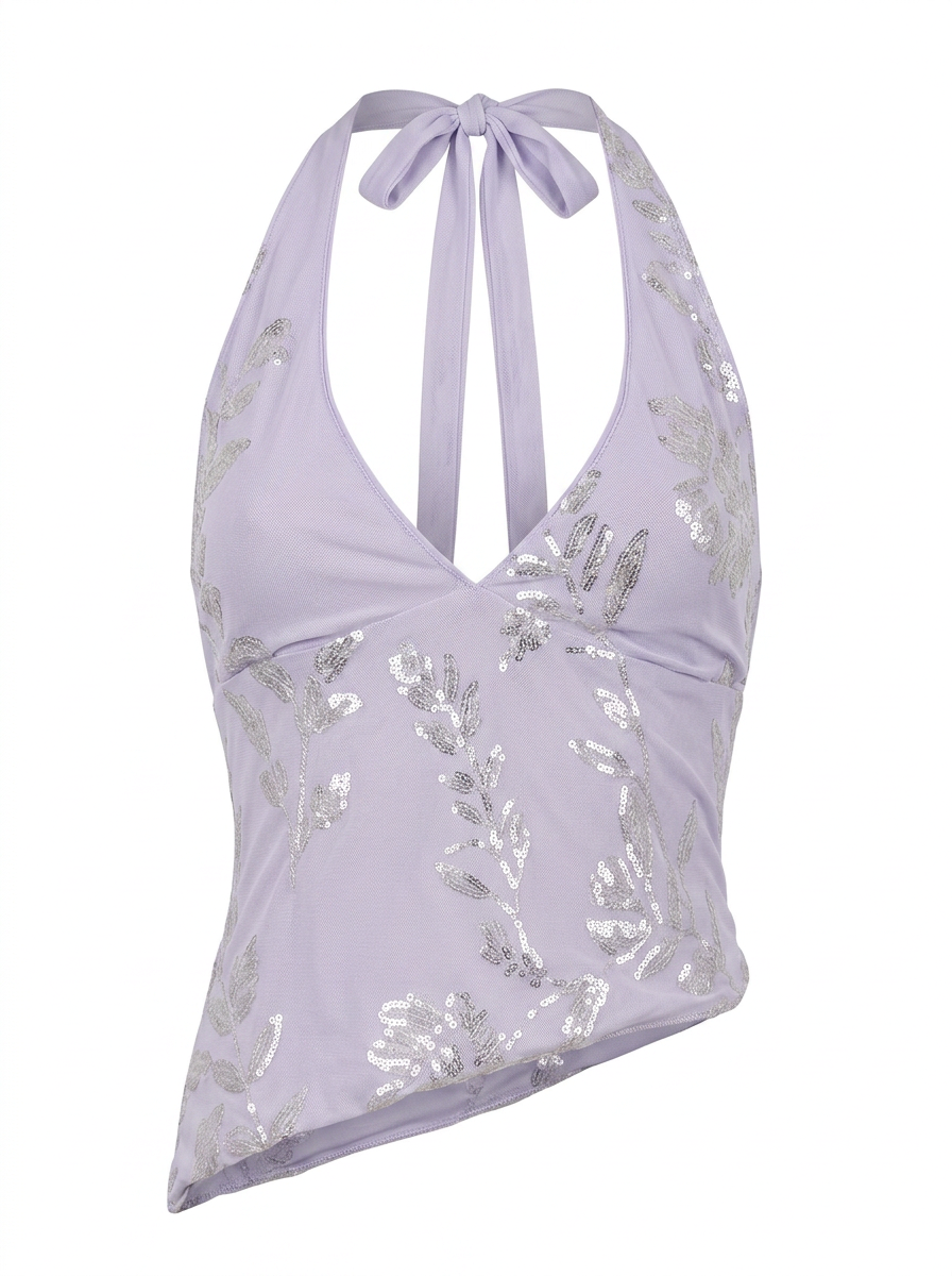 Ghost mannequin product image of a lavender Sequin Embroidery Asymmetric Hem Tie Neck Top displayed on a clean white background.

