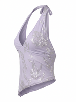 Ghost mannequin product image of a lavender Sequin Embroidery Asymmetric Hem Tie Neck Top displayed on a clean white background.