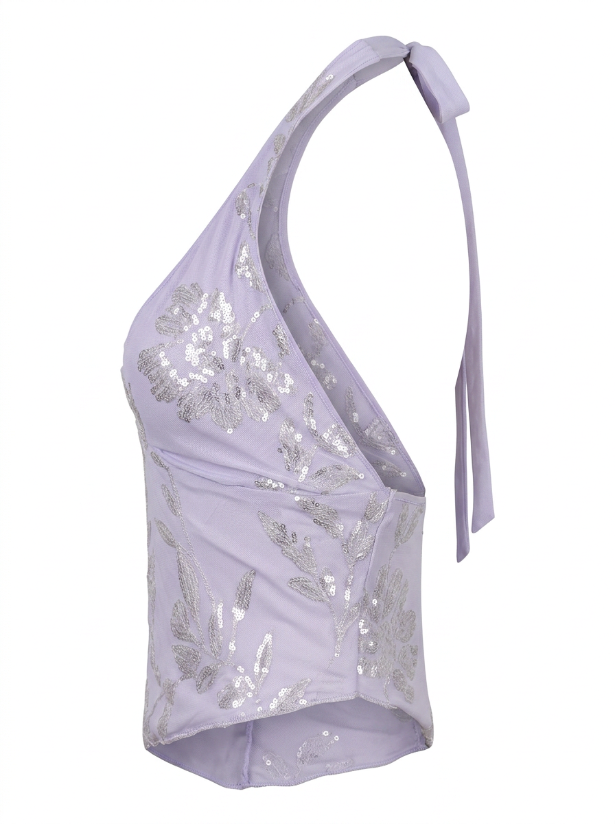 Ghost mannequin product image of a lavender Sequin Embroidery Asymmetric Hem Tie Neck Top displayed on a clean white background.