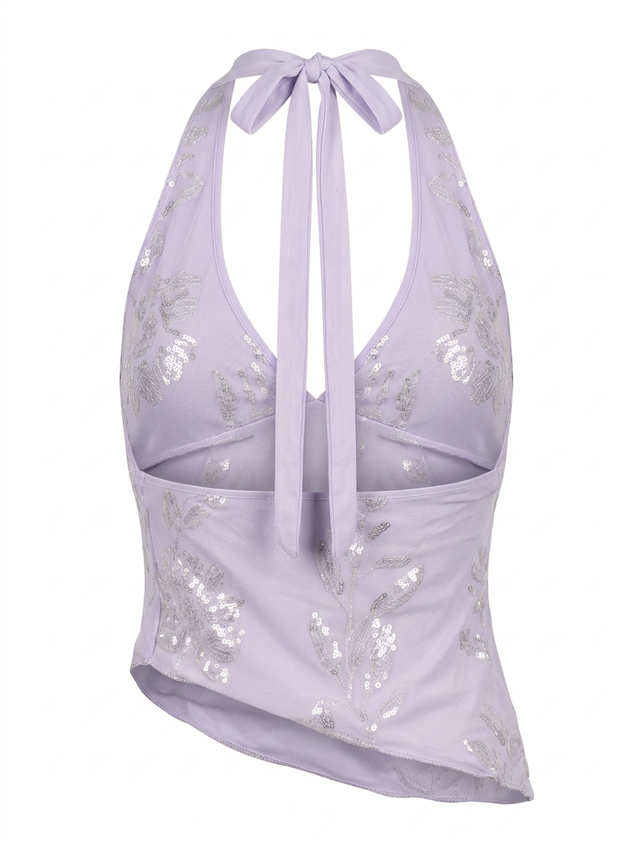 Ghost mannequin product image of a lavender Sequin Embroidery Asymmetric Hem Tie Neck Top displayed on a clean white background.
