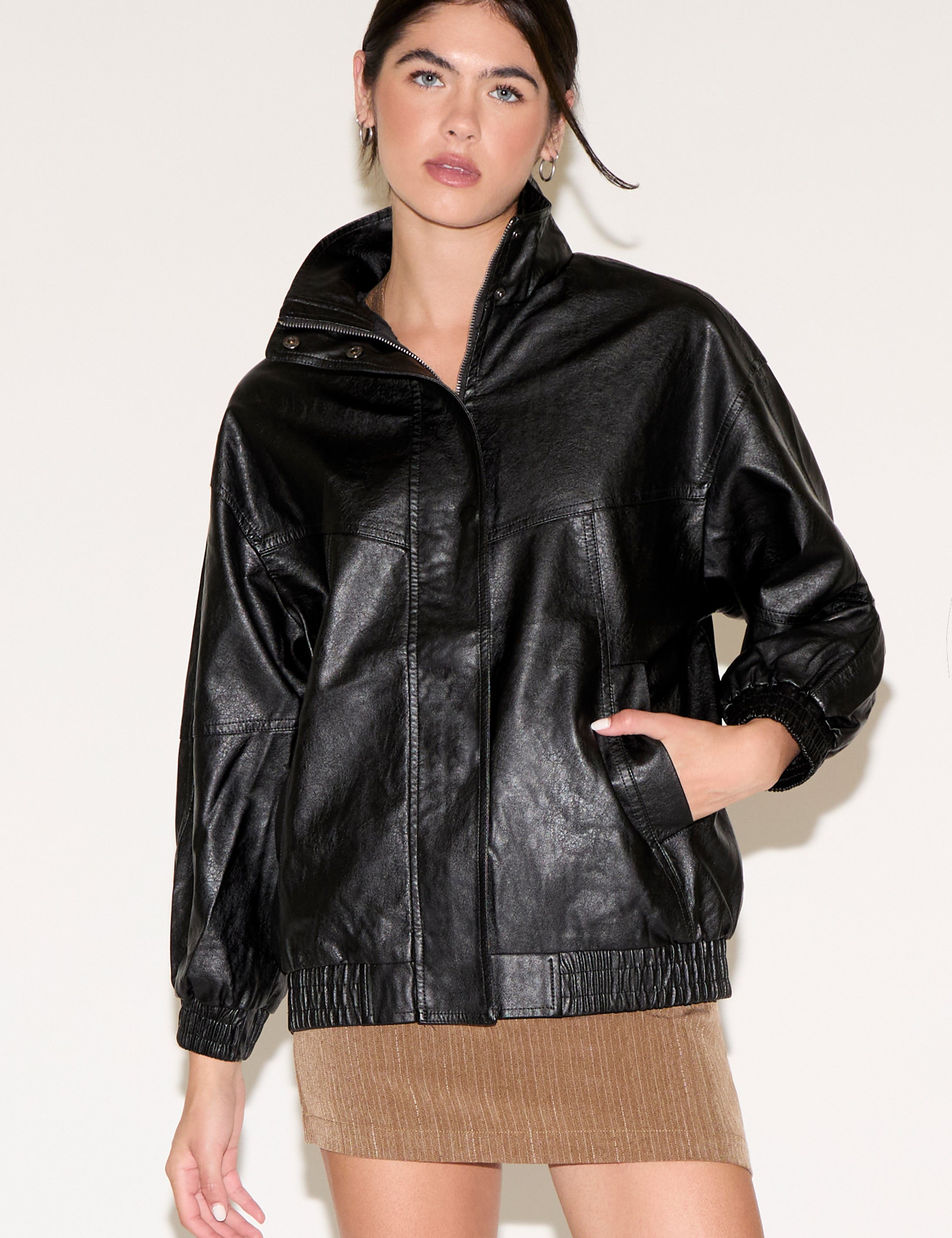 VEGAN LEATHER JACKET WITH HIGH COLLAR