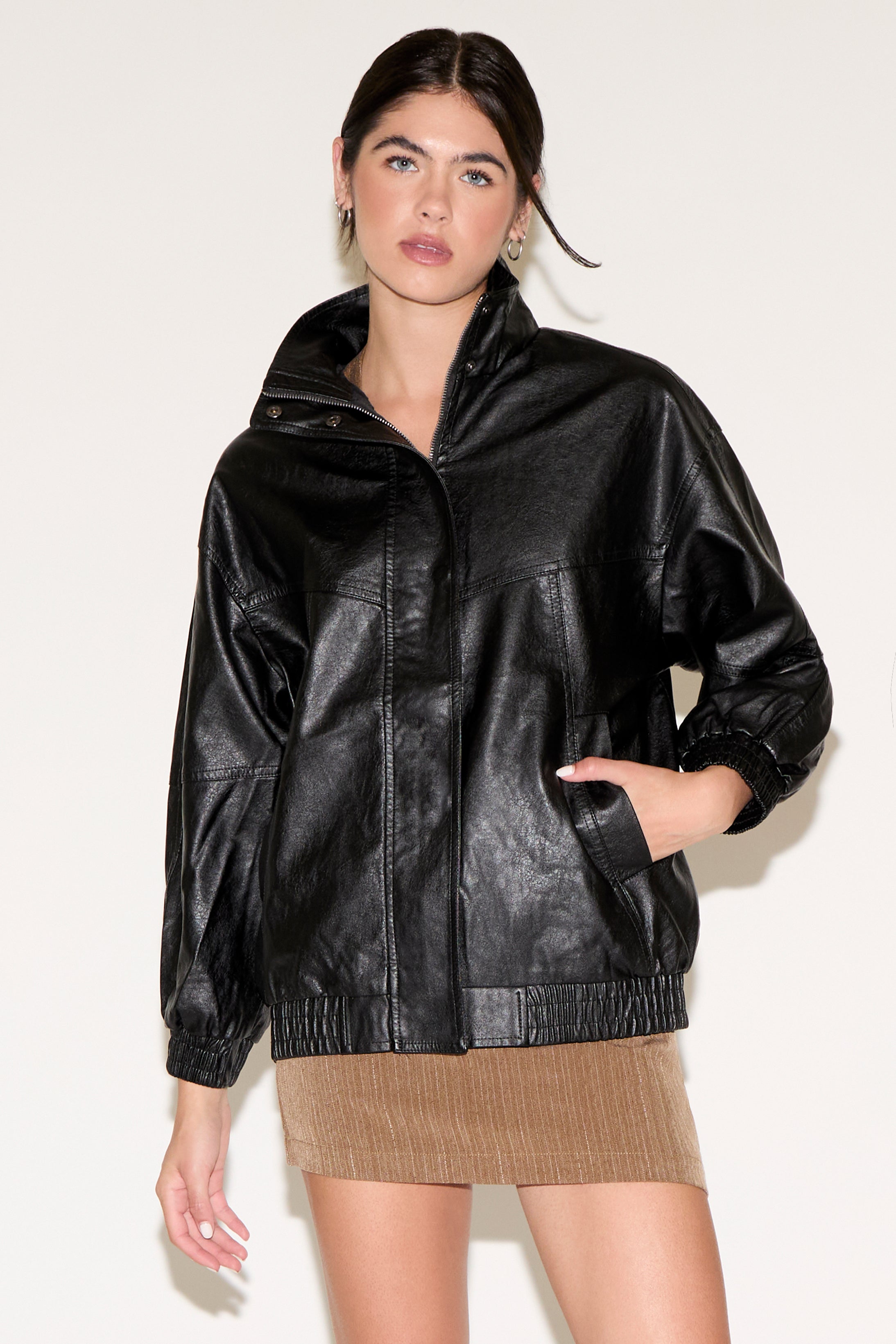 VEGAN LEATHER JACKET WITH HIGH COLLAR
