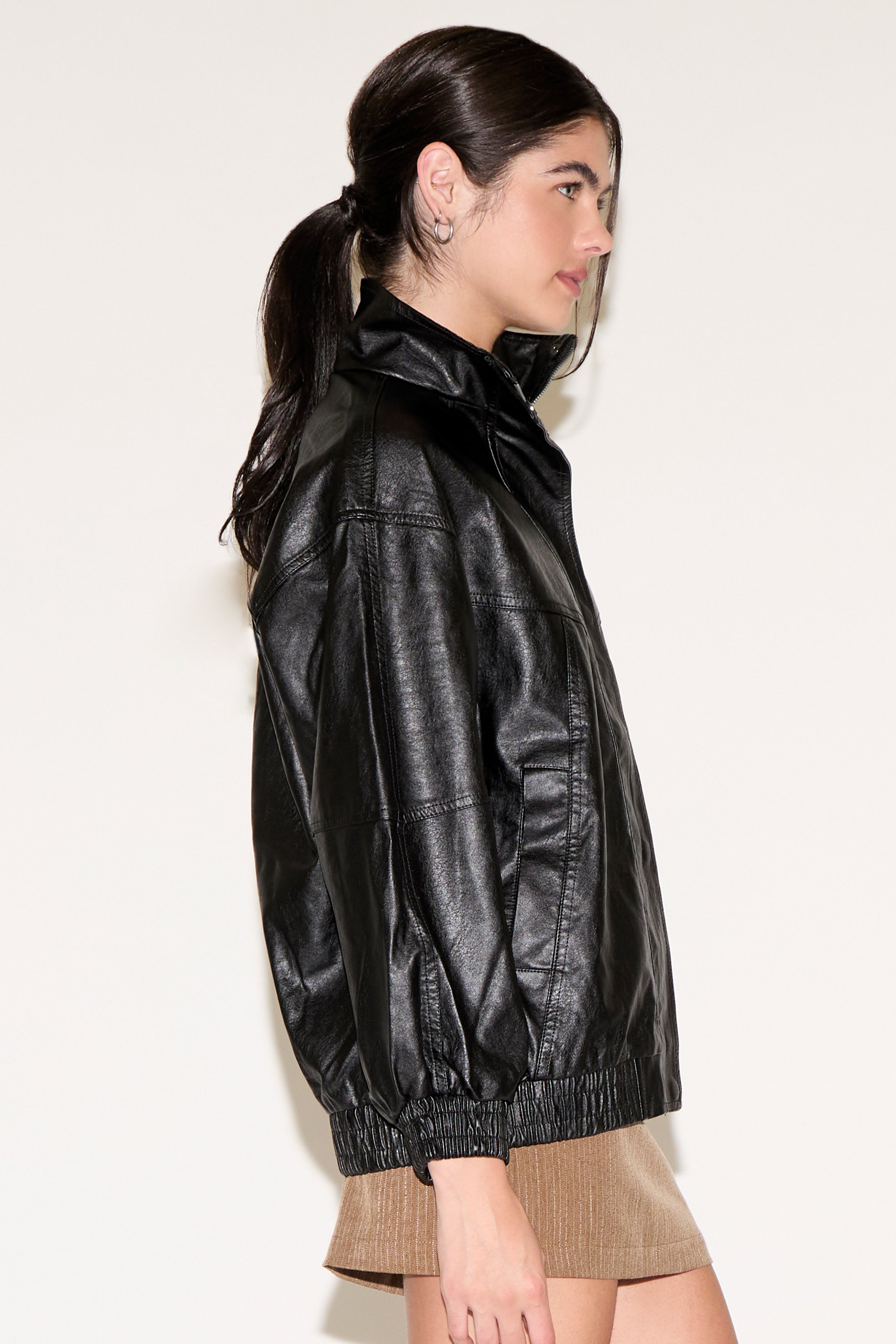VEGAN LEATHER JACKET WITH HIGH COLLAR – Tenshoppe-store