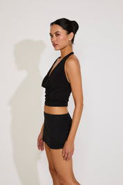 PLUNGING HALTER COWL NECK TOP