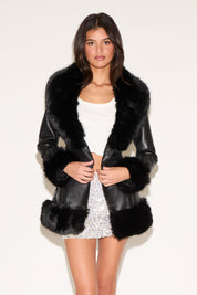 VEGAN LEATHER JACKET WITH TIE BELT & FUR TRIM