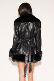 VEGAN LEATHER JACKET WITH TIE BELT & FUR TRIM