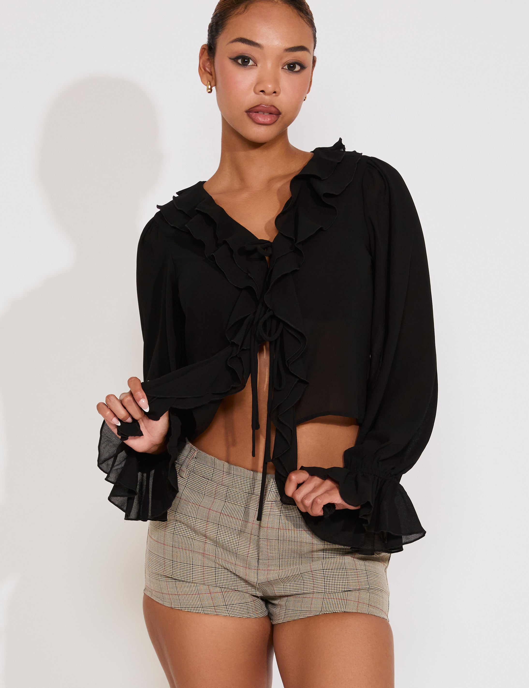 LONG SLEEVE RUFFLED CHIFFON BLOUSE