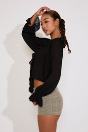 LONG SLEEVE RUFFLED CHIFFON BLOUSE