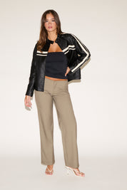 WASHED EFFECT VEGAN LEATHER JACKET WITH STRIPES