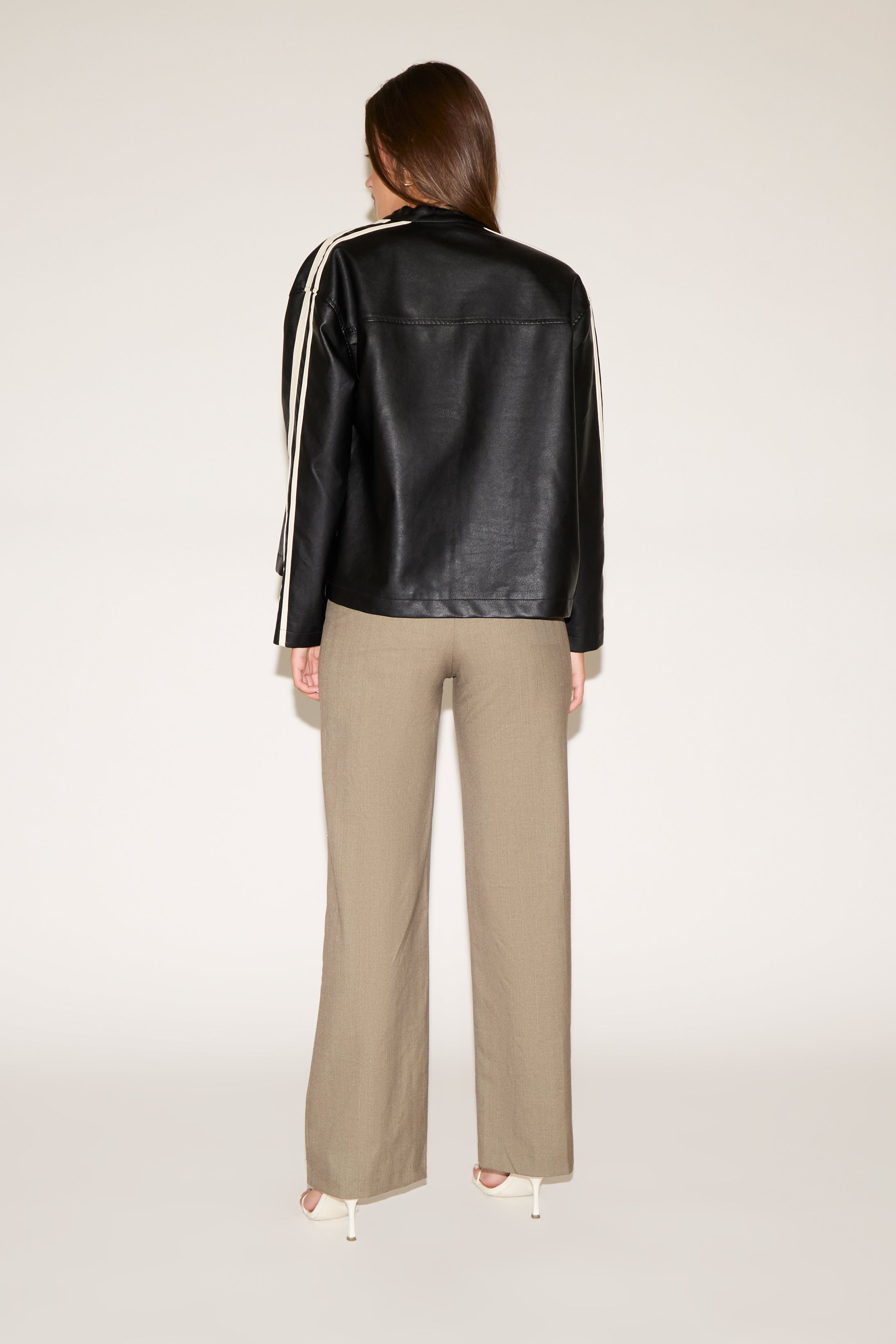 WASHED EFFECT VEGAN LEATHER JACKET WITH STRIPES
