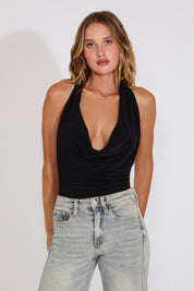 HALTER NECK DEEP COWL RUCHED BODYSUIT