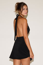 COWL NECK TIE HALTER OPEN BACK MINI DRESS