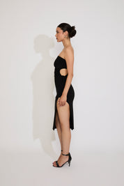 ADJUSTABLE SIDE CUT OUT STRAPLESS MAXI DRESS