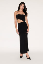 TIE NECK MIDDLE CUTOUT SLINKY MAXI DRESS