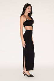 TIE NECK MIDDLE CUTOUT SLINKY MAXI DRESS