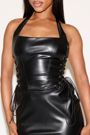 VEGAN LEATHER SIDE TIES HALTER NECK MINI DRESS