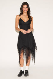 HIGH LOW LACE TRIM V NECK OPEN BACK MIDI DRESS