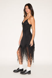 HIGH LOW LACE TRIM V NECK OPEN BACK MIDI DRESS