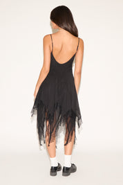 HIGH LOW LACE TRIM V NECK OPEN BACK MIDI DRESS