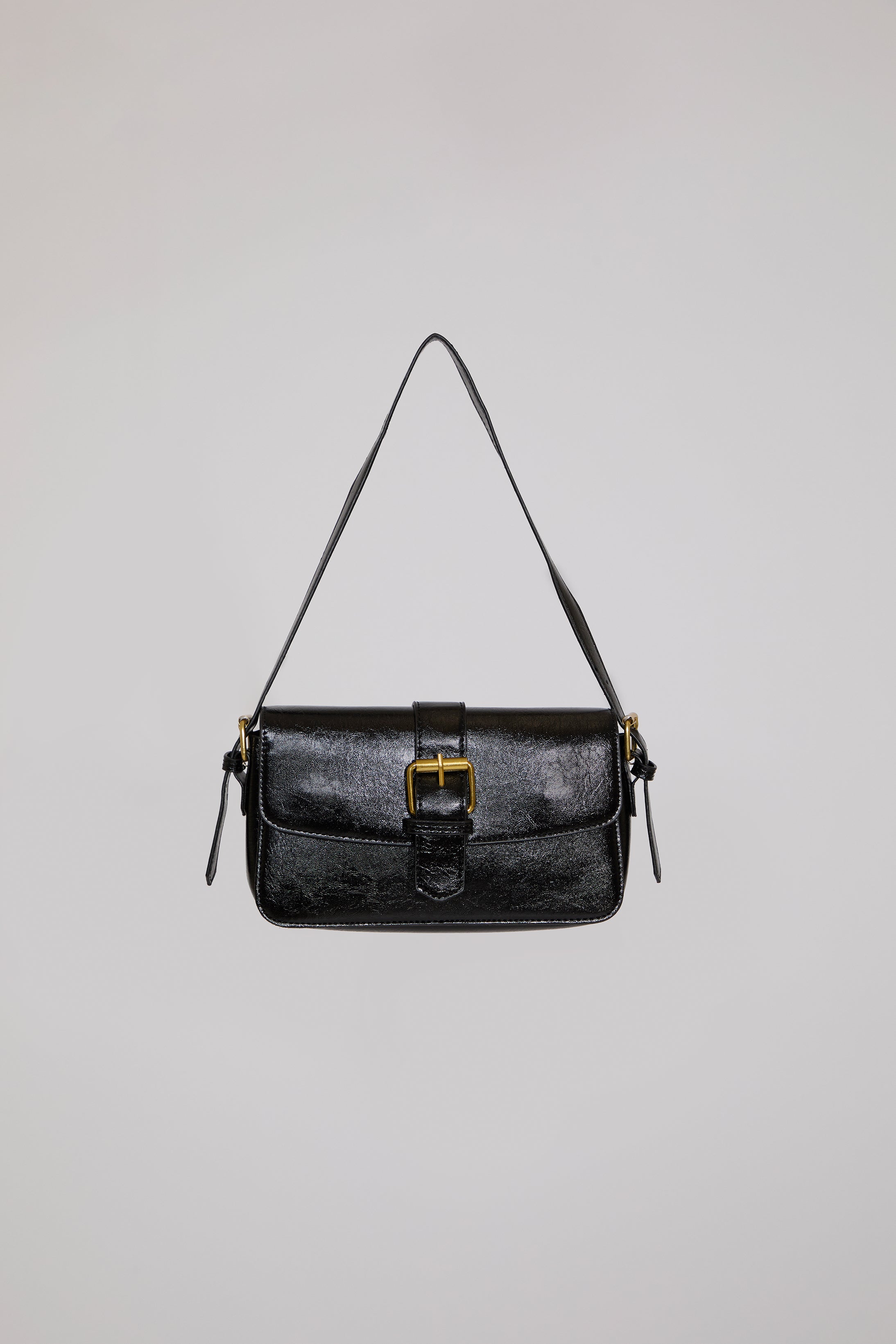 BELTED FLAP CLOSURE VEGAN LEATHER SHOULDER BAG
