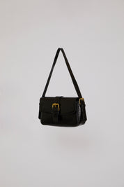 BELTED FLAP CLOSURE VEGAN LEATHER SHOULDER BAG