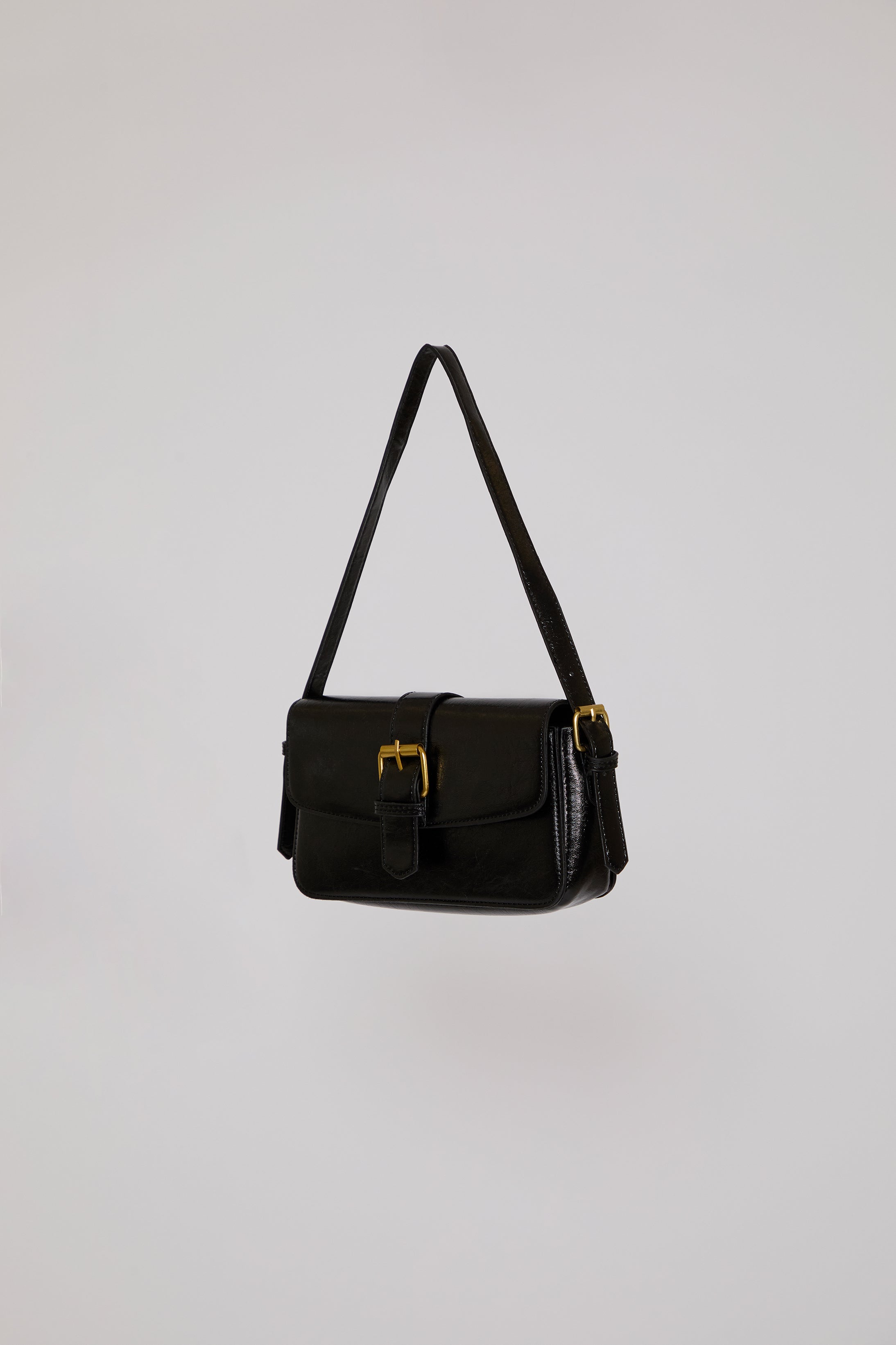 BELTED FLAP CLOSURE VEGAN LEATHER SHOULDER BAG