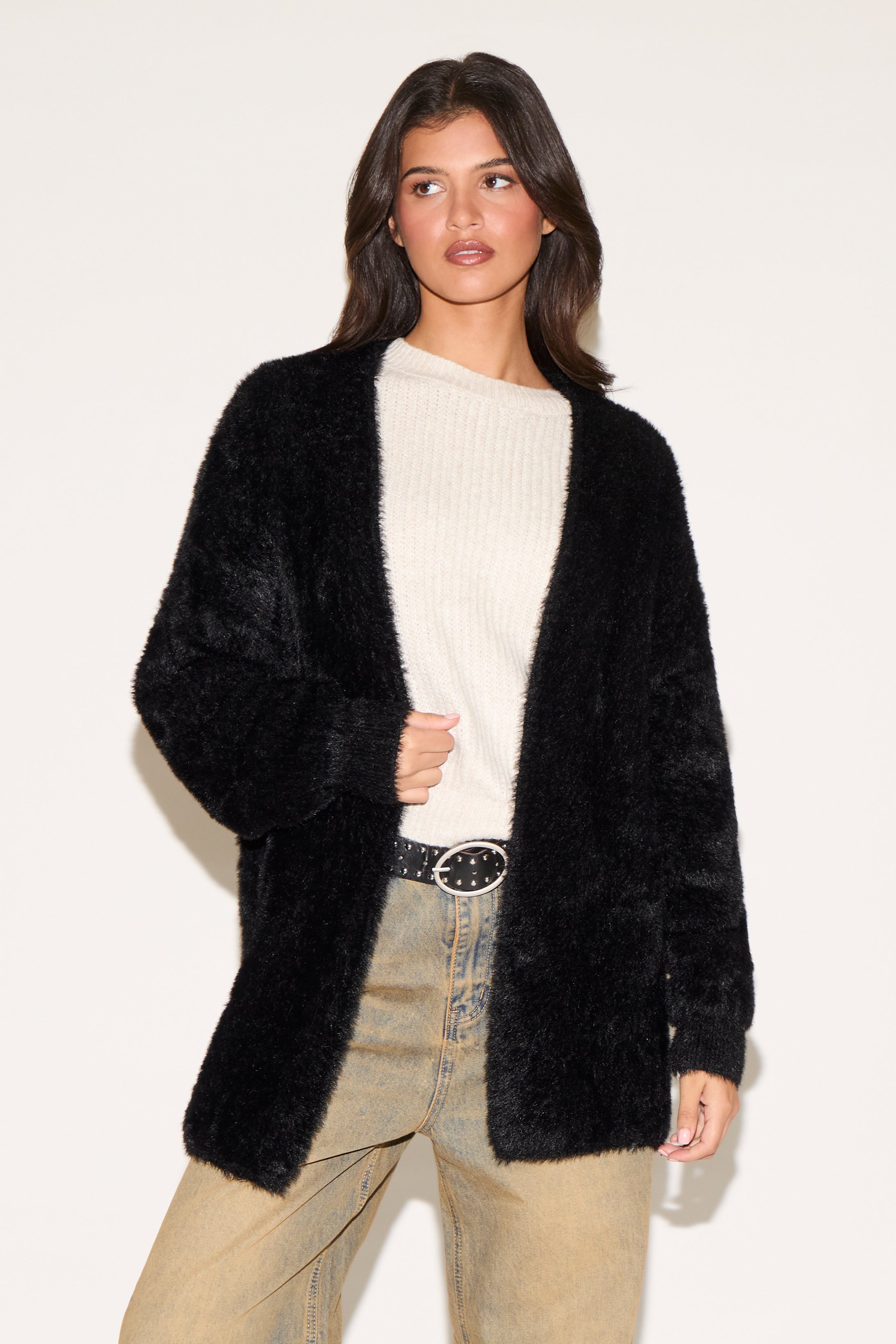 FUZZY OPEN FRONT NO COLLAR CARDIGAN