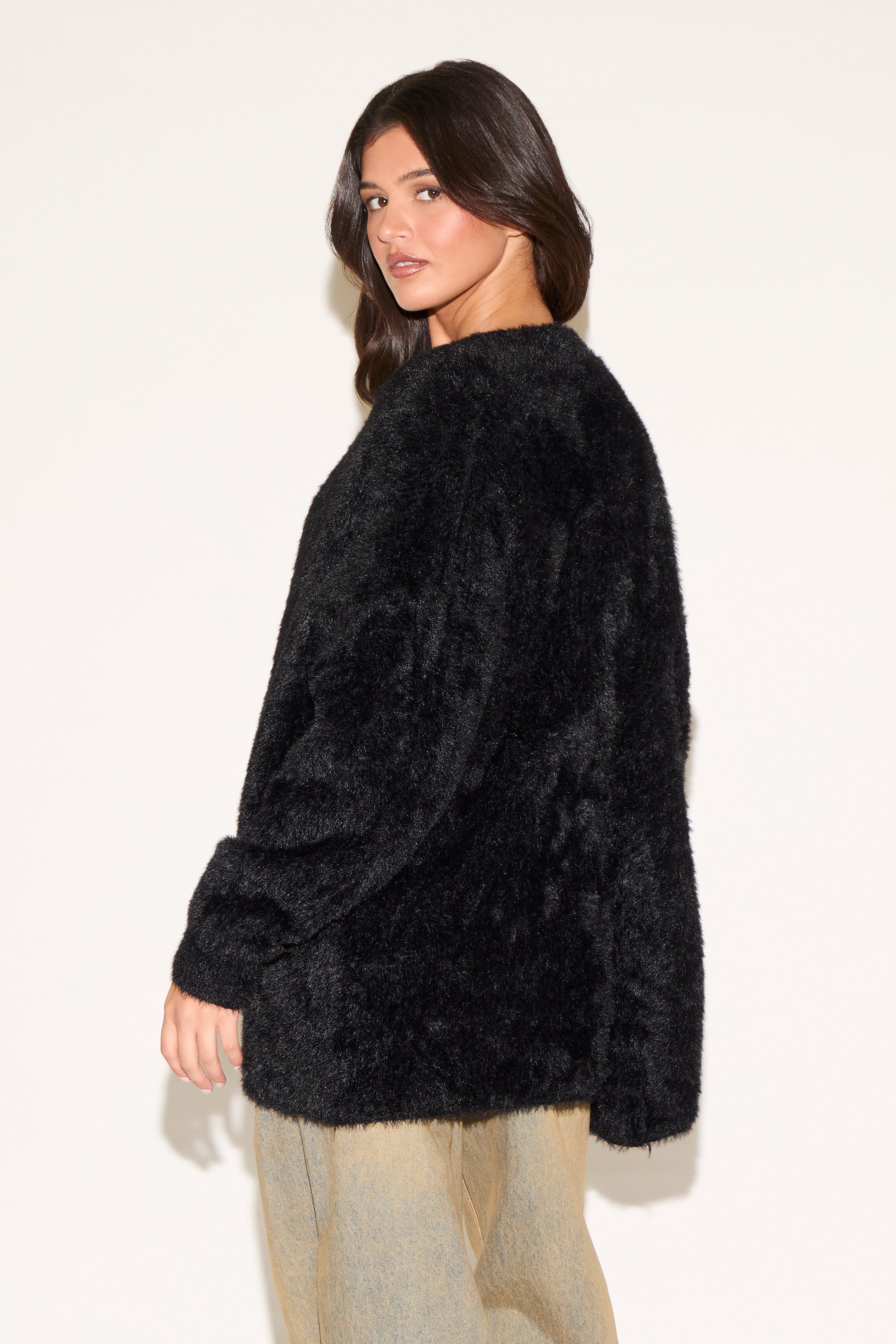 FUZZY OPEN FRONT NO COLLAR CARDIGAN